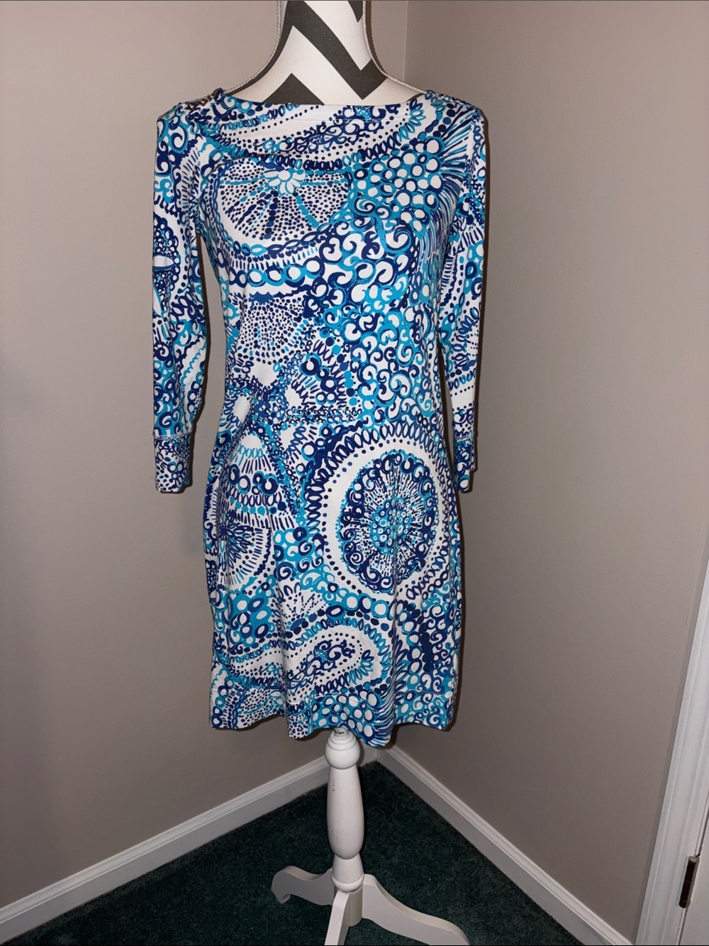 Lilly Pulitzer Blue & White Long-Sleeve Printed Shift Dress size Small